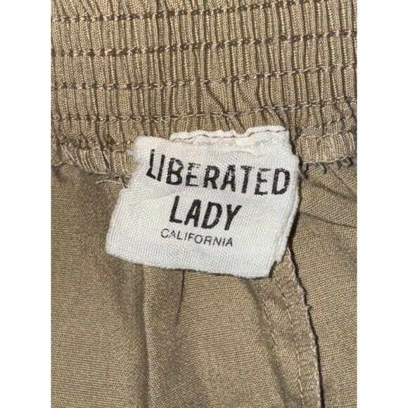 Vintage Liberated Lady Elastic Waist Khaki A-Line Midi Skirt With Snap Button Fr - Picture 3 of 7